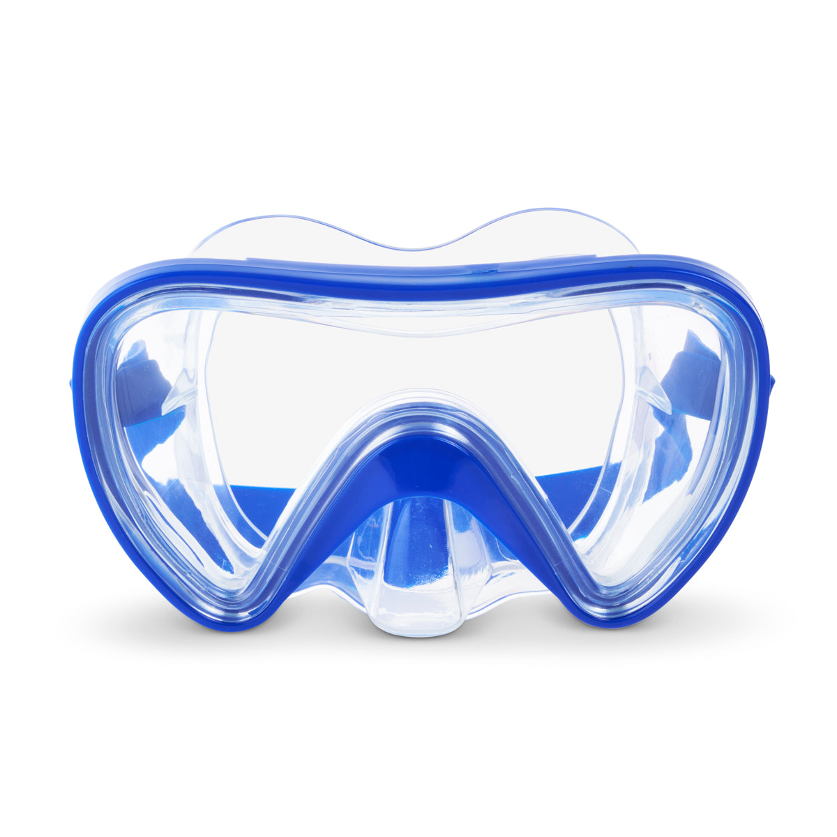 front angled product shot of splash in color blue kids swim mask featuring a clear gasket and nose covering with a bright blue frame and strap