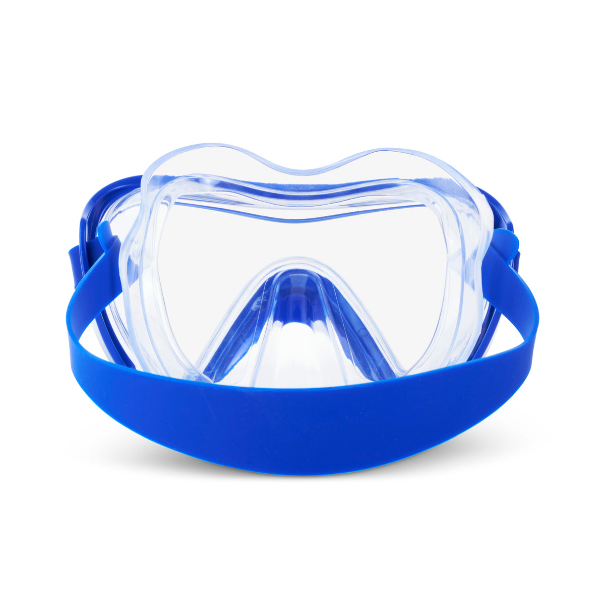 back angled product shot of splash in color blue kids swim mask featuring a clear gasket and nose covering with a bright blue frame and strap
