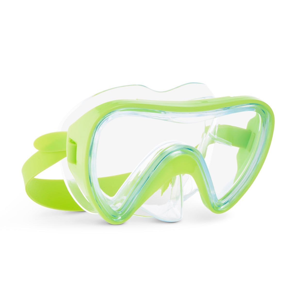 angled product shot of splash in color green kids' swim mask showing a clear gasket and nose covering featuring a lime green frame and strap