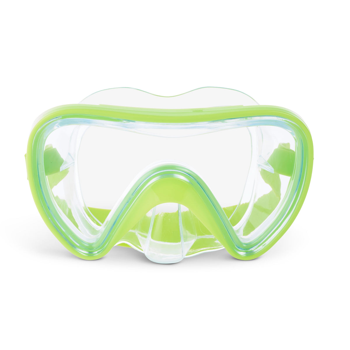 front angled product shot of splash in color green kids' swim mask showing a clear gasket and nose covering featuring a lime green frame and strap
