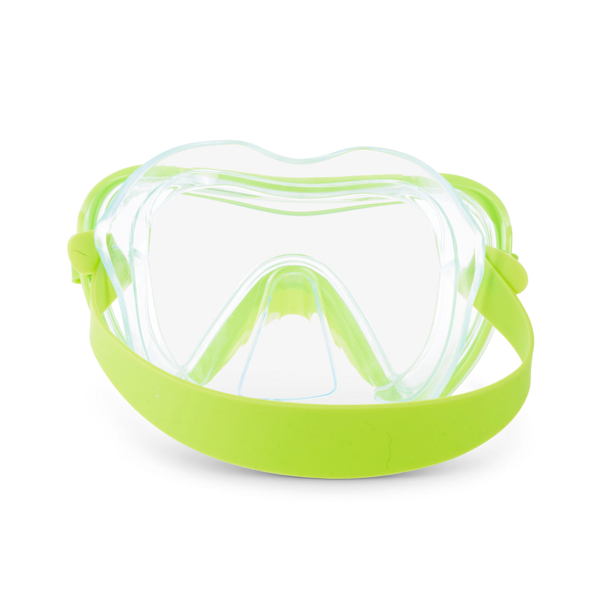 back angled product shot of splash in color green kids' swim mask showing a clear gasket and nose covering featuring a lime green frame and strap