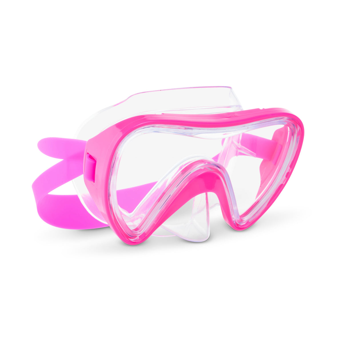 angled product image of pink splash kids' swim mask featuring a clear gasket and nose covering and bright pink frame and strap