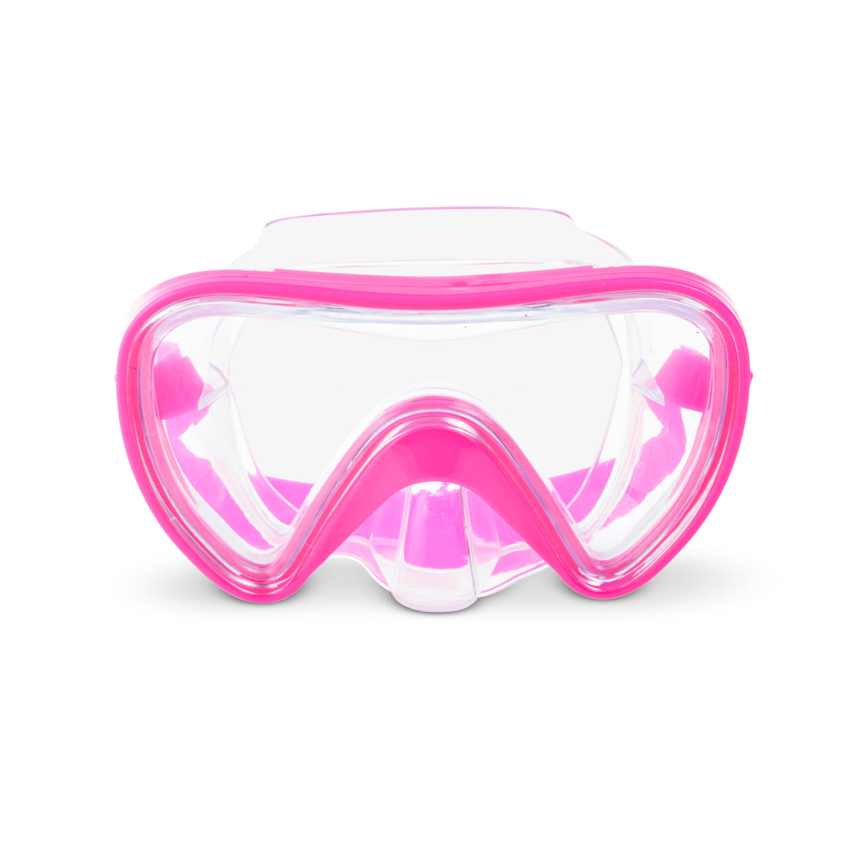 front angled product image of pink splash kids' swim mask featuring a clear gasket and nose covering and bright pink frame and strap