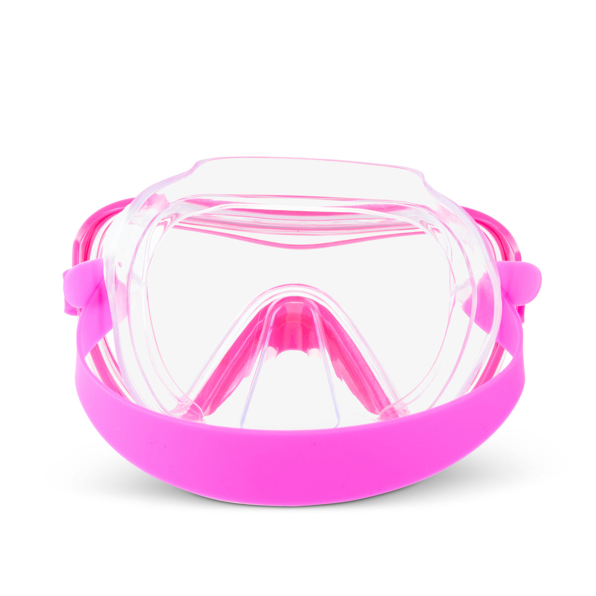 back angled product image of pink splash kids' swim mask featuring a clear gasket and nose covering and bright pink frame and strap