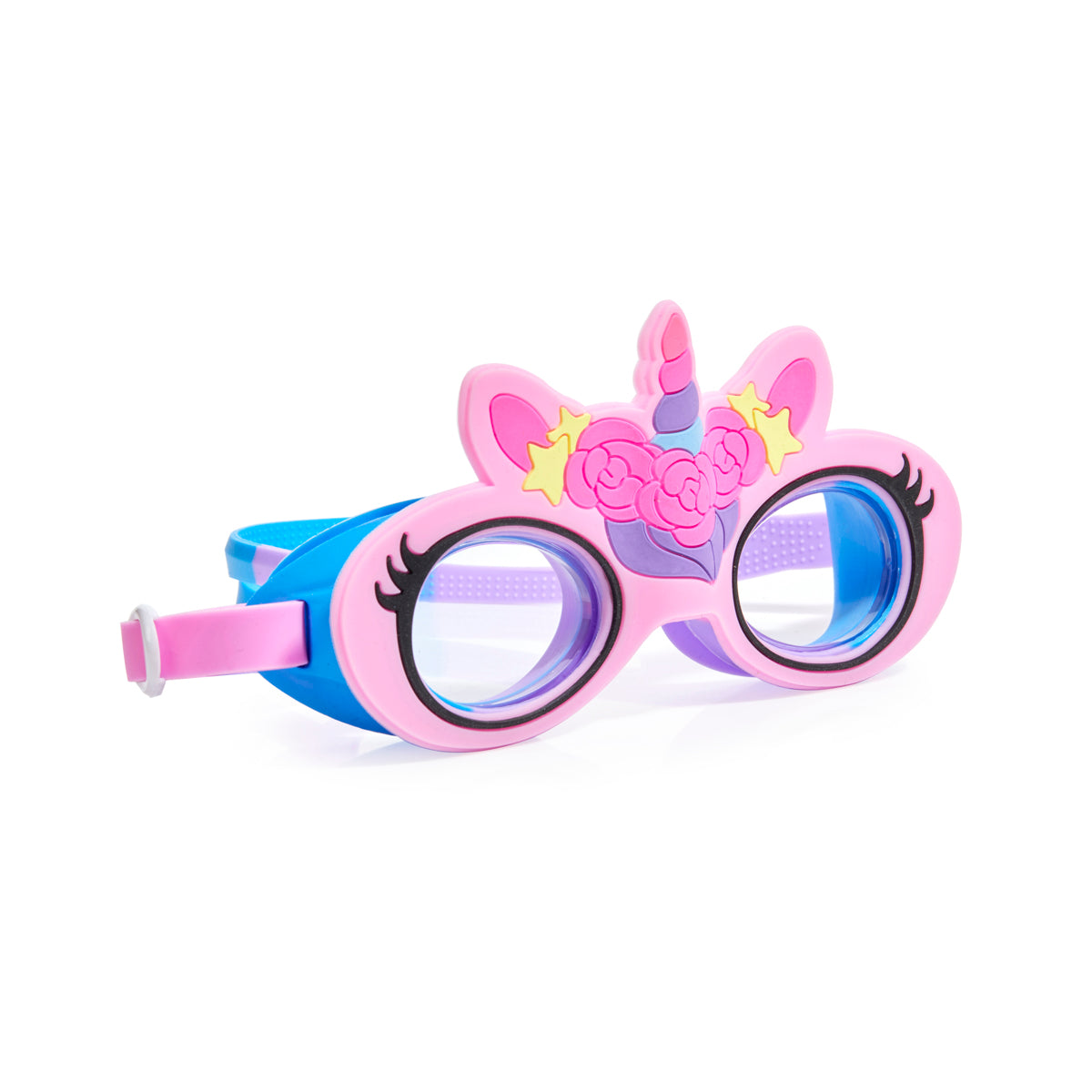 angled product shot of flex pink unicorn kids swim goggles featuring an all silicone flexible pink frame with a unicorn horn and ears with a flower crown on the silicone. Also featuring a blue gasket and pink and blue split strap