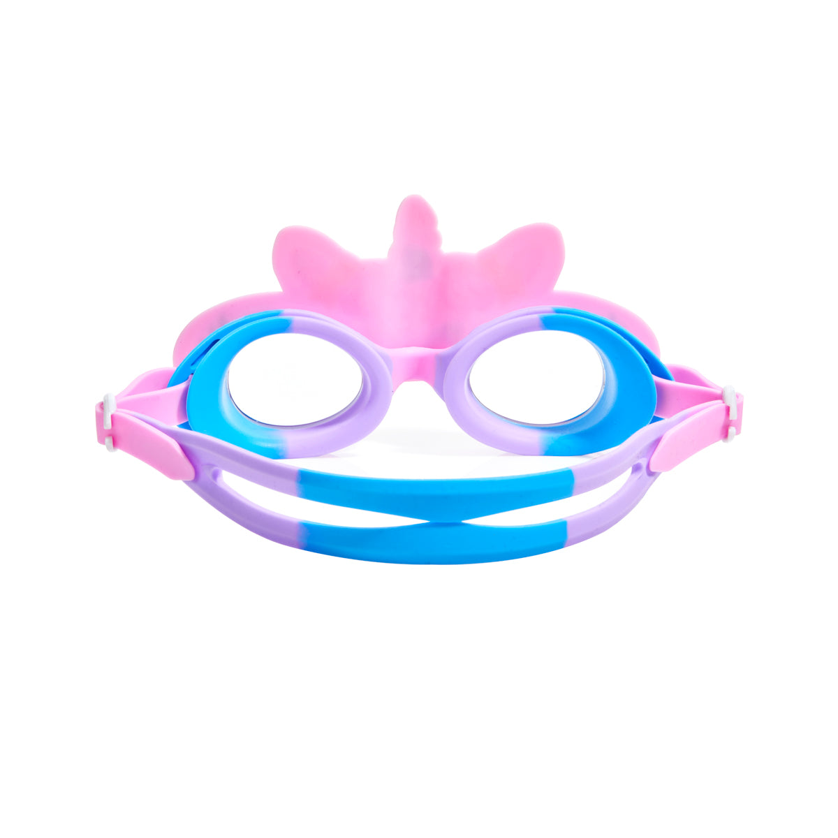back product shot of flex pink unicorn kids swim goggles featuring an all silicone flexible pink frame also featuring a blue and purple gasket with a pink, purple and blue split strap