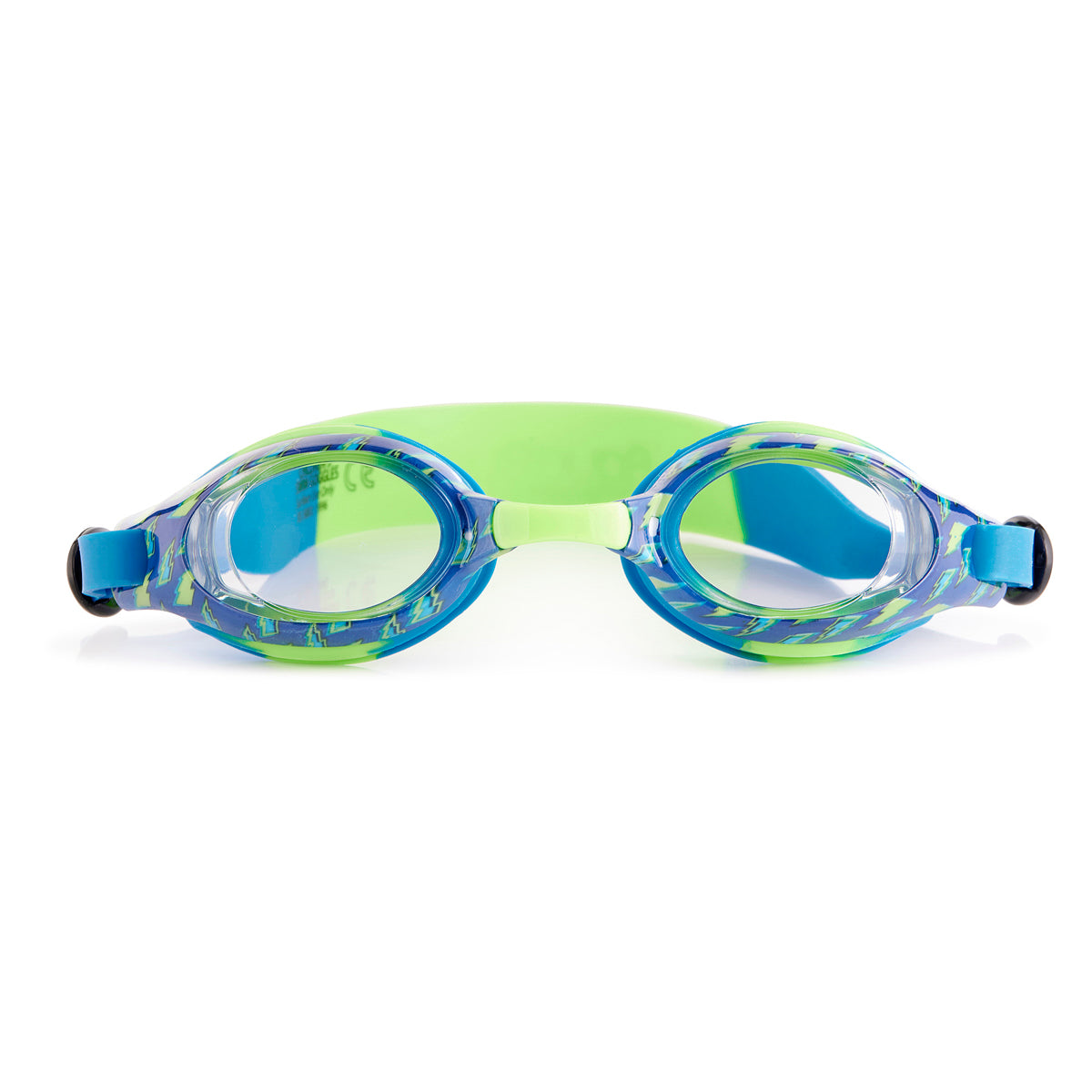 front angled product show of bolting blue kids' swim goggles showing a lime green and blue swirled colored swim goggle featuring a lightning bolt print on the frame