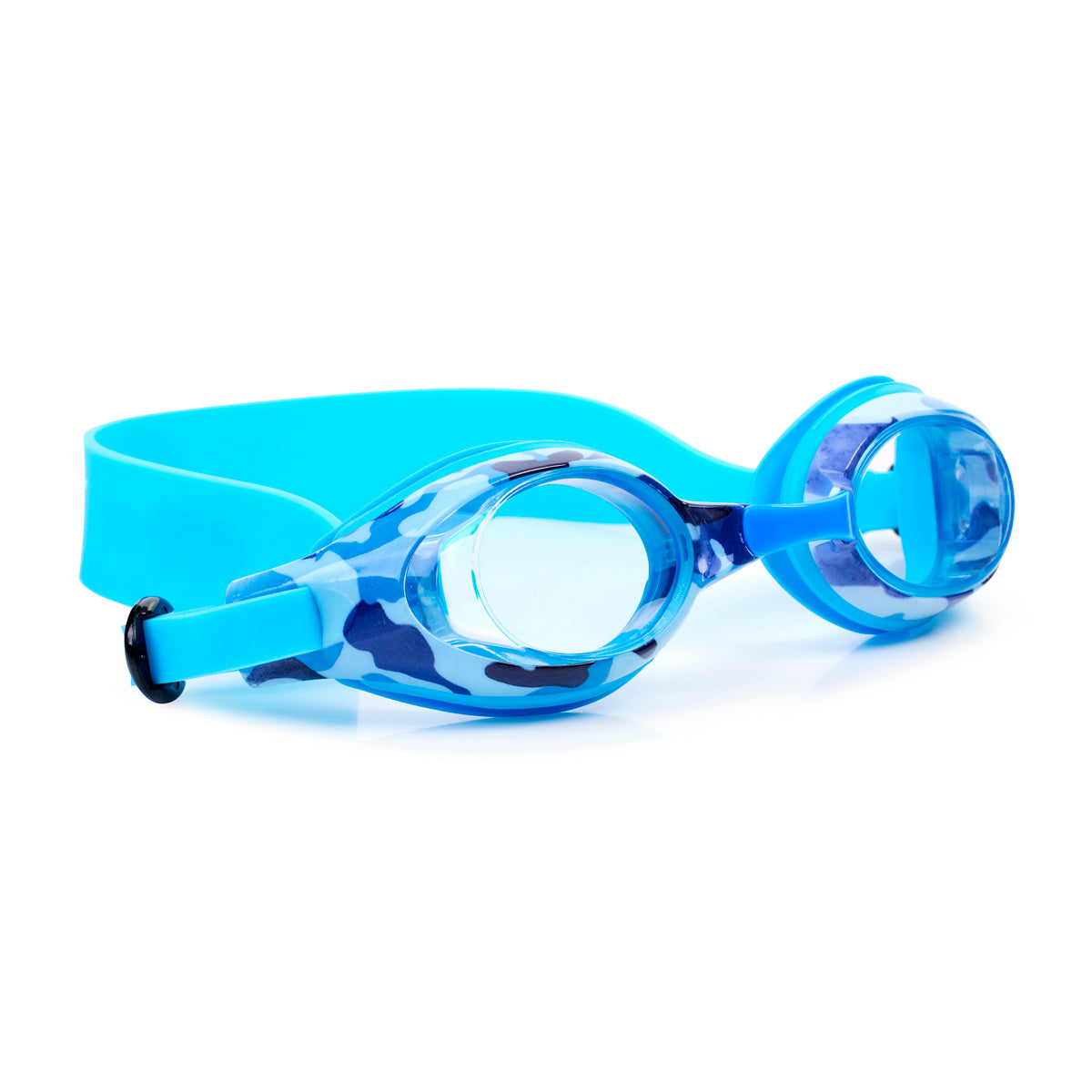angled product image of blue camo kids' swim goggles which feature a blue camo print on the frame on an all blue colored swim goggle