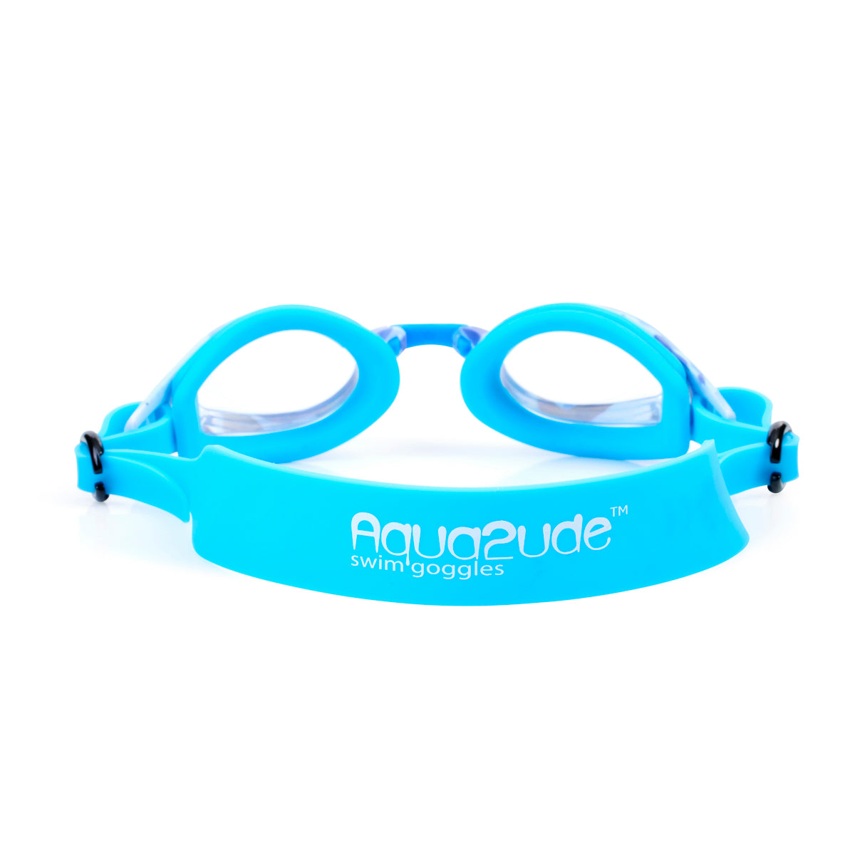 back product image of blue camo kids' swim goggles which feature a blue camo print on the frame on an all blue colored swim goggle