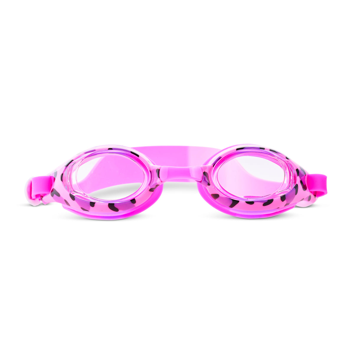 front angled shot of berry cheetah kids' swim goggles showing a pink colored swim goggle with pink cheetah print around the frame