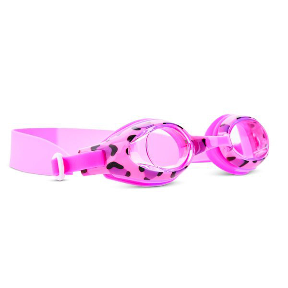 angled shot of berry cheetah kids' swim goggles showing a pink colored swim goggle with pink cheetah print around the frame