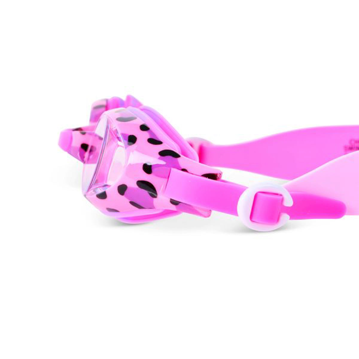 closed up angled shot of berry cheetah kids' swim goggles showing a pink colored swim goggle with pink cheetah print around the frame
