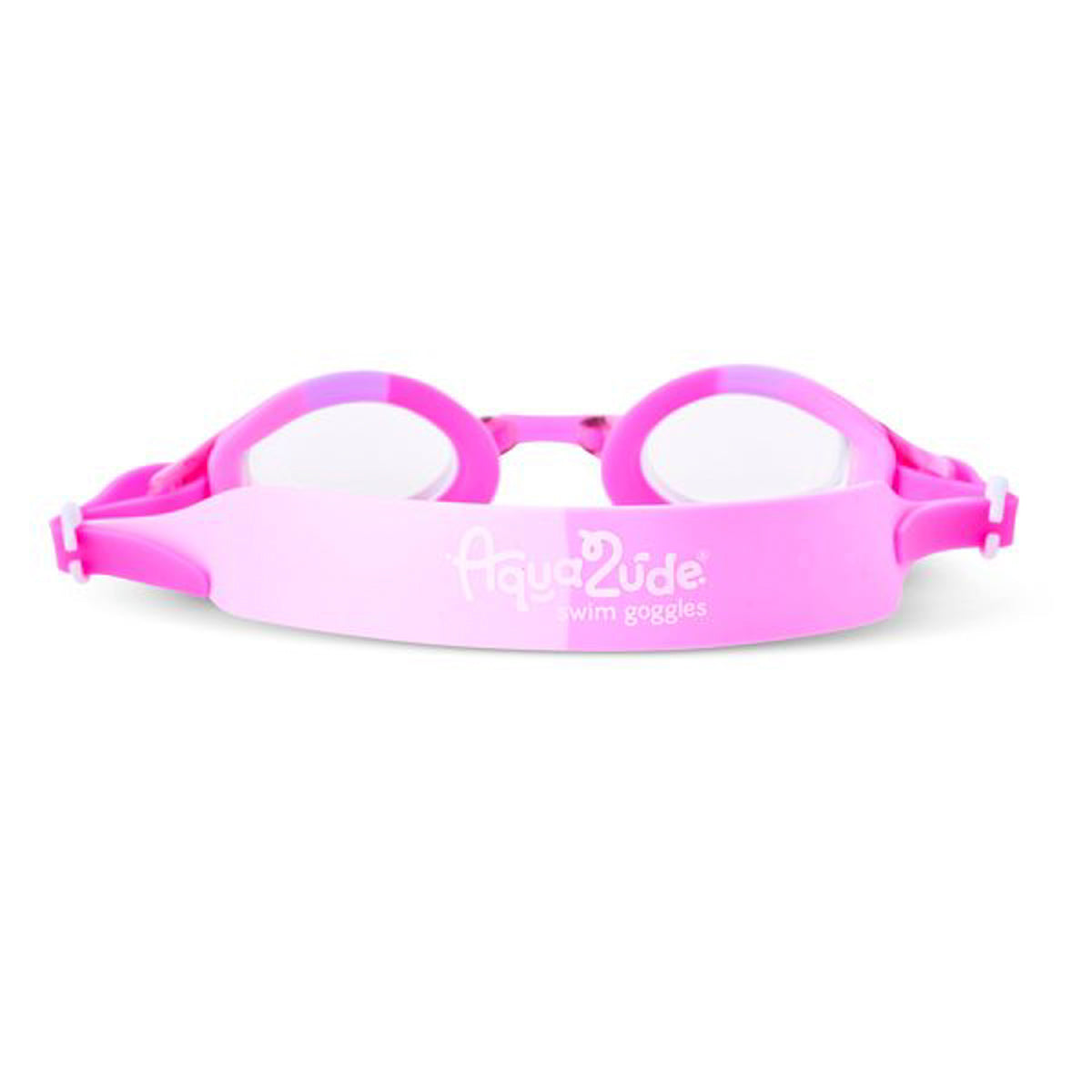 back shot of berry cheetah kids' swim goggles showing a pink colored swim goggle with a light pink swirled strap