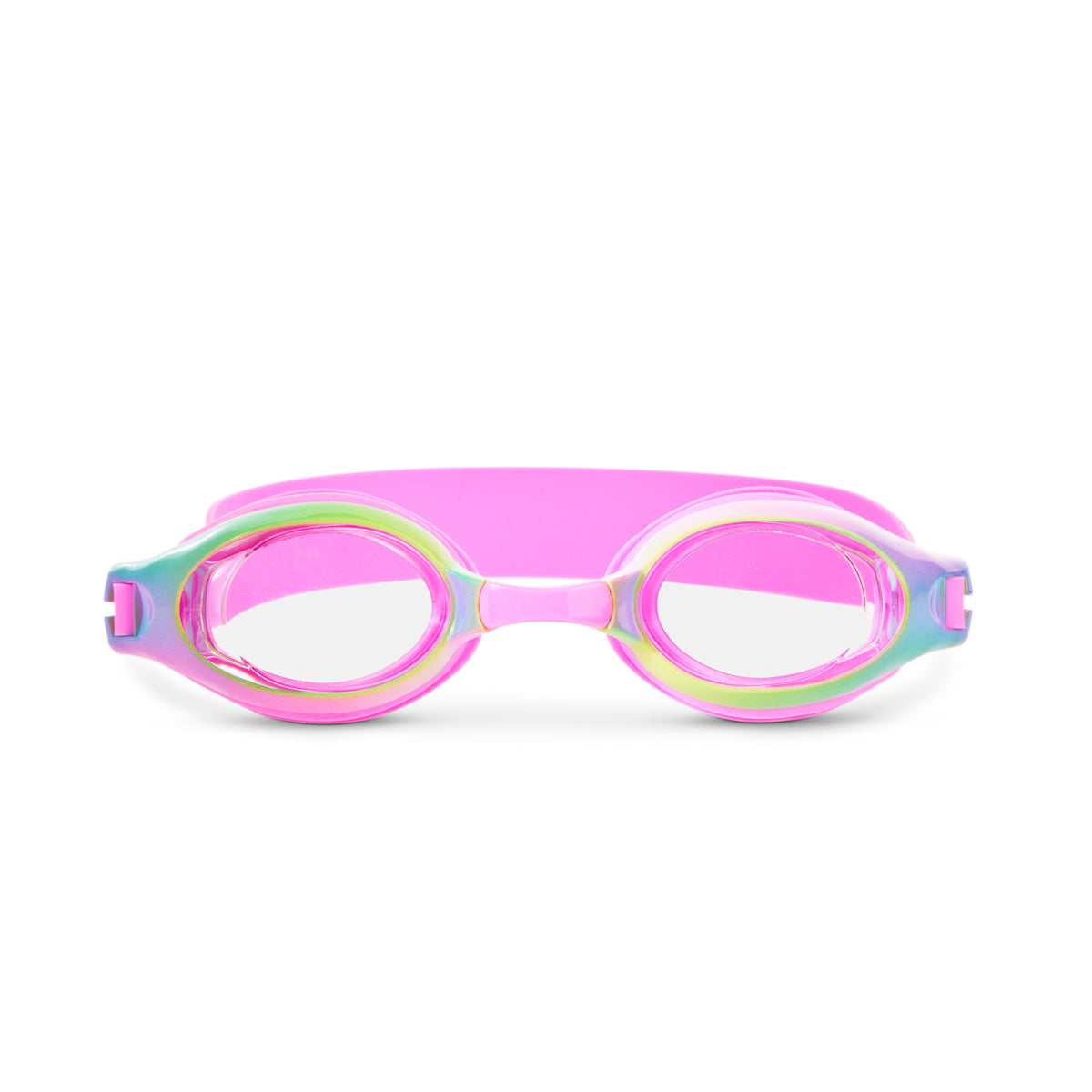 front angled shot of pink ombre kids swim goggles showing a pink swim goggle with a pastel ombre print