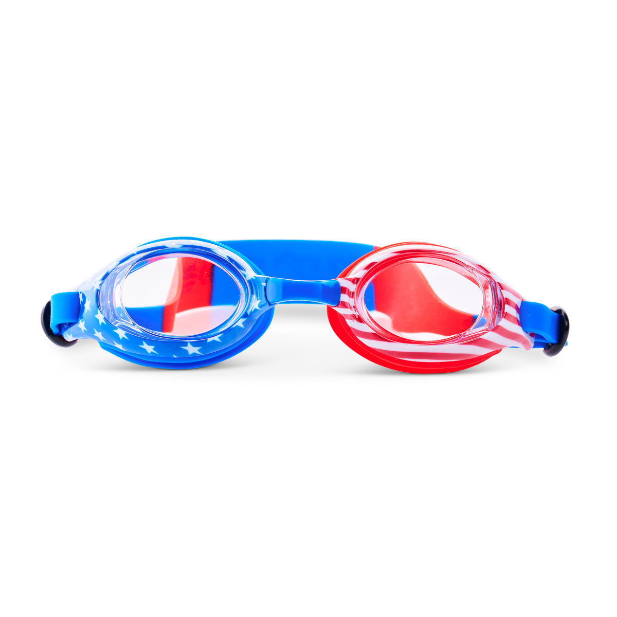 front angled shot of usa waves kids' swim goggles showing a stars and stripe print on the frame in red, white and blue colors. the strap features a red and blue swirl