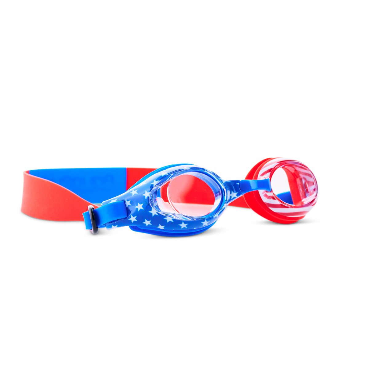 angled shot of usa waves kids' swim goggles showing a stars and stripe print on the frame in red, white and blue colors. the strap features a red and blue swirl