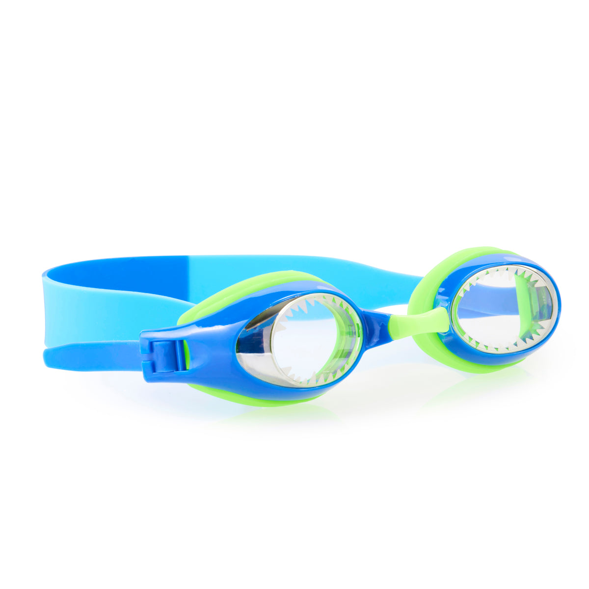 angled product shot of sea monster kids' swim goggles showing a blue and lime green colorway with a screen print of monster teeth around the lens