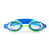 front product shot of sea monster kids' swim goggles showing a blue and lime green colorway with a screen print of monster teeth around the lens