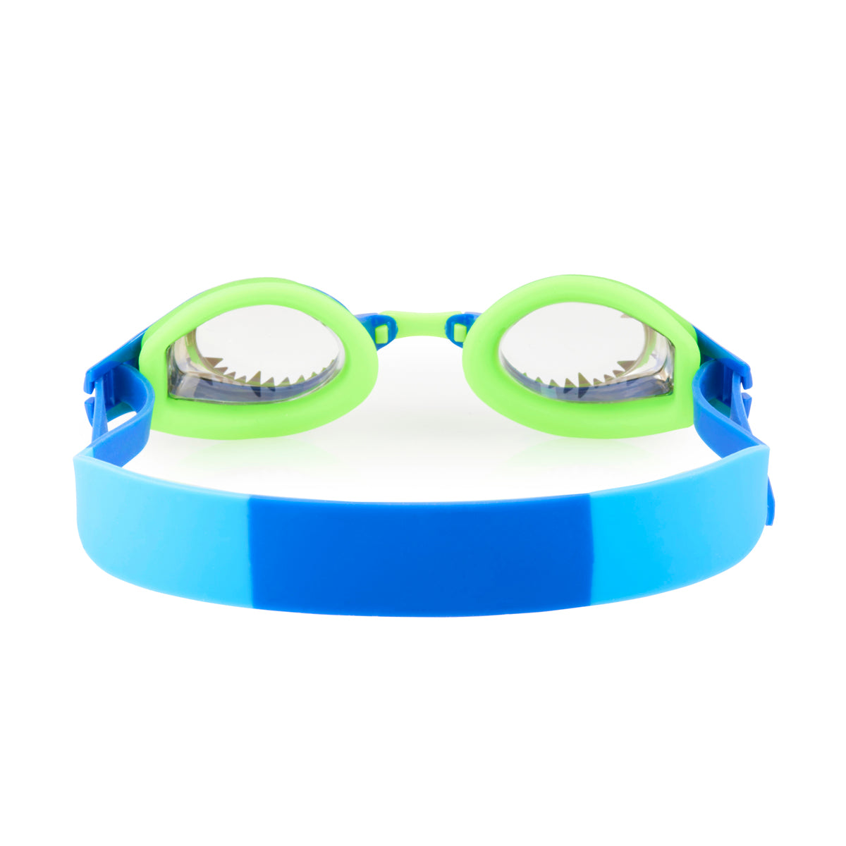 back product shot of sea monster kids' swim goggles showing a blue and lime green colorway with a screen print of monster teeth around the lens
