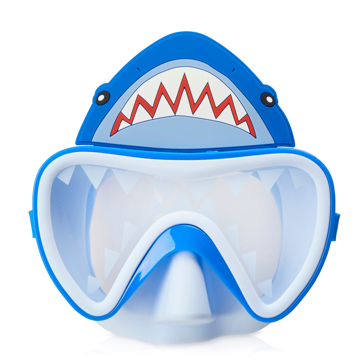 front angle product shot of shark bite swim mask showing shark teeth screen printed on the lens and a silicone shark above the frame also featuring a light blue nose piece