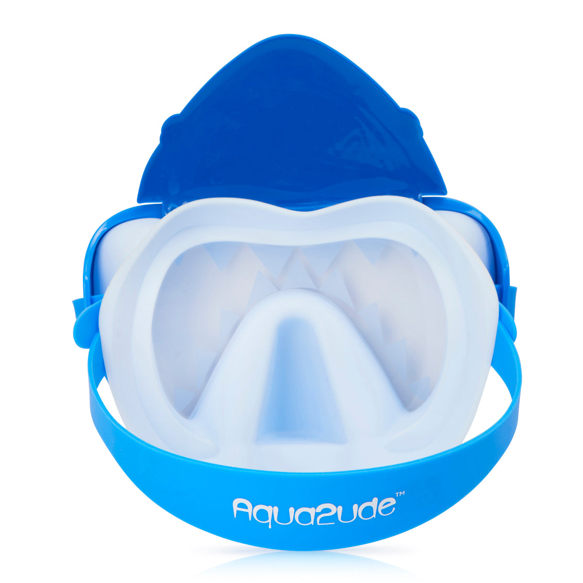 back angle product shot of shark bite swim mask showing light blue gasket and bright blue strap