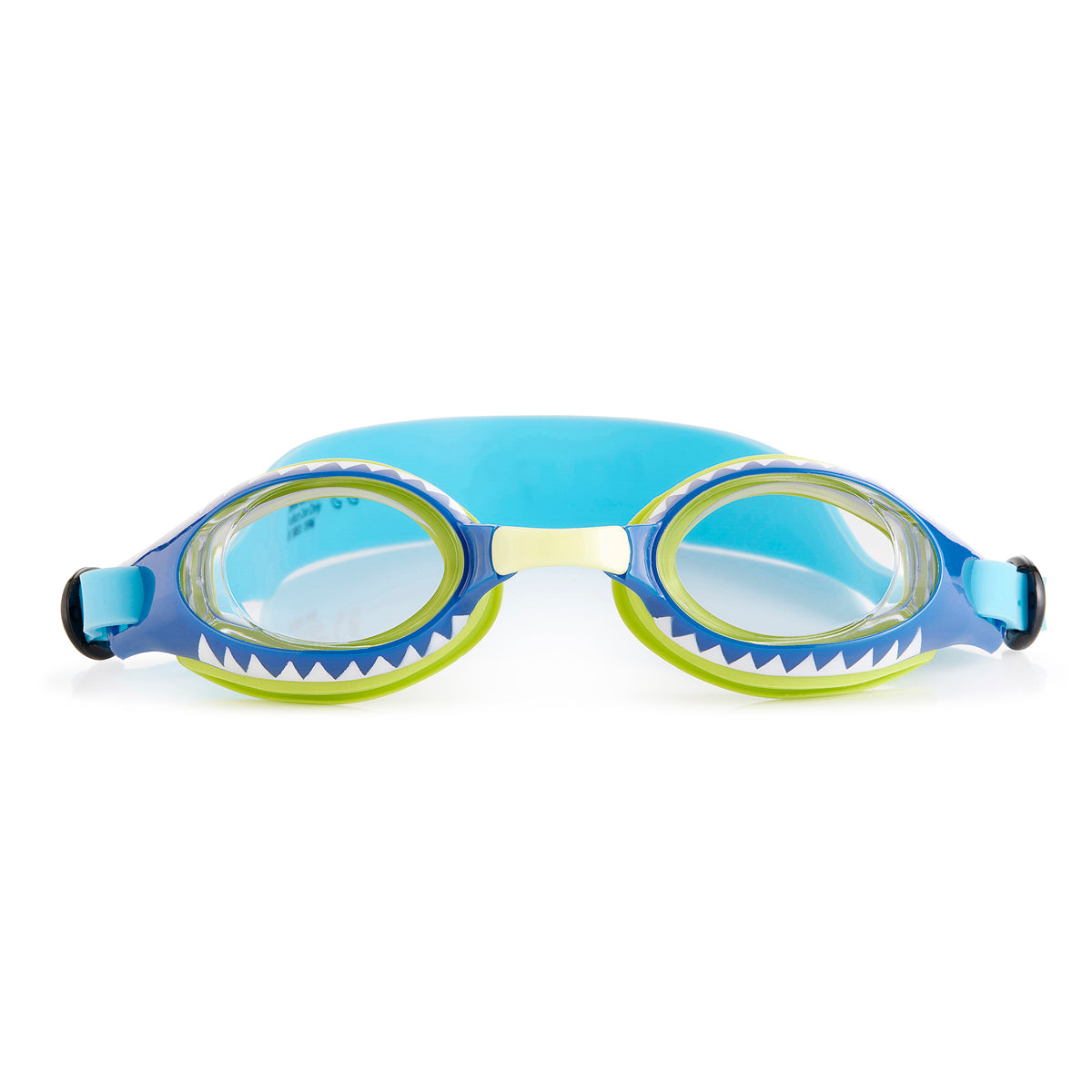 front angled product shot of shark print kids' swim goggles showing a blue and green colorway with a shark teeth print around the frame