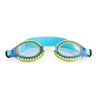 front angled product shot of shark print kids' swim goggles showing a blue and green colorway with a shark teeth print around the frame