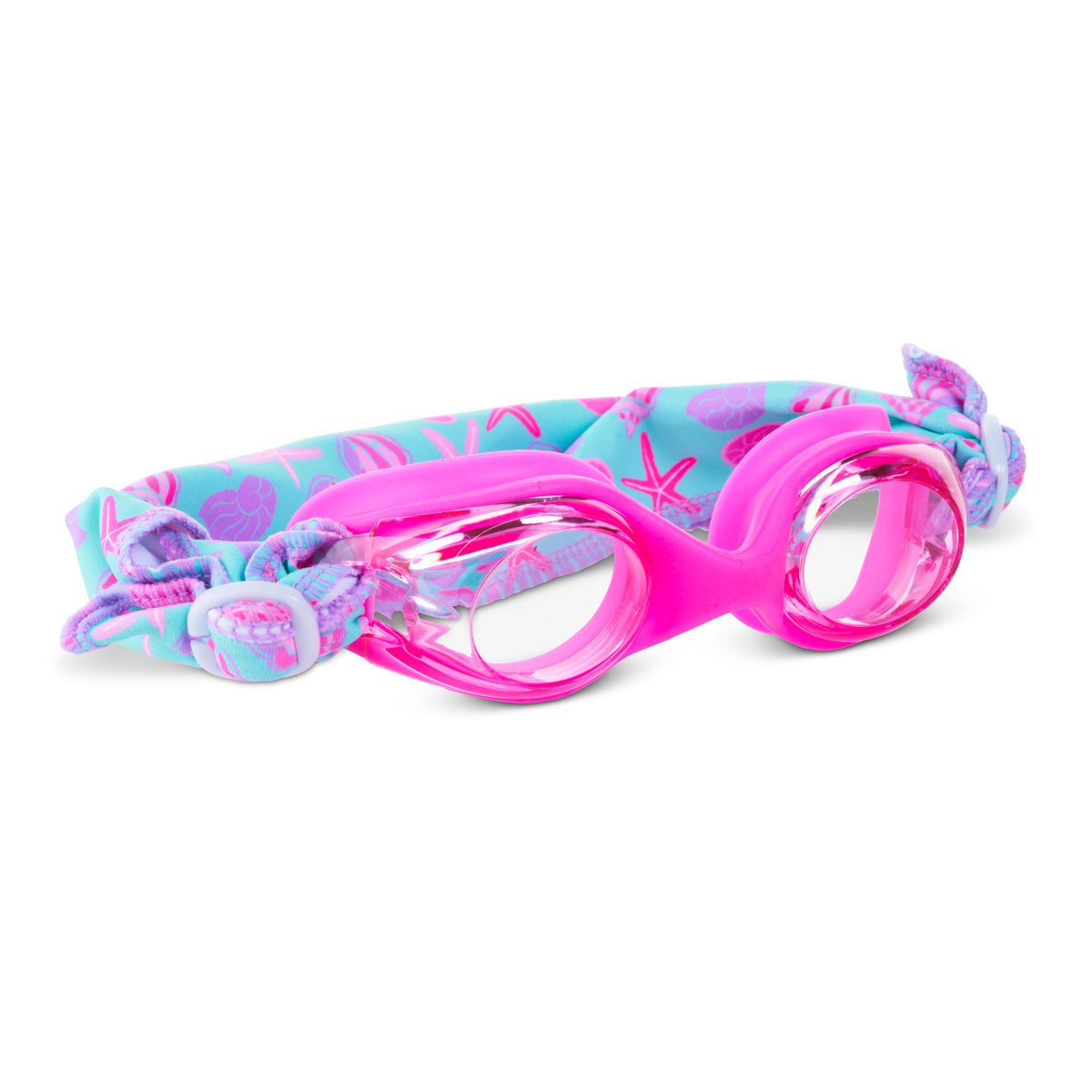 angled product shot of coastal pink kids swim goggles which feature a hot pink swim goggle and a turquoise colored soft strap with pink and purple coastal decorations such as seashells and starfish