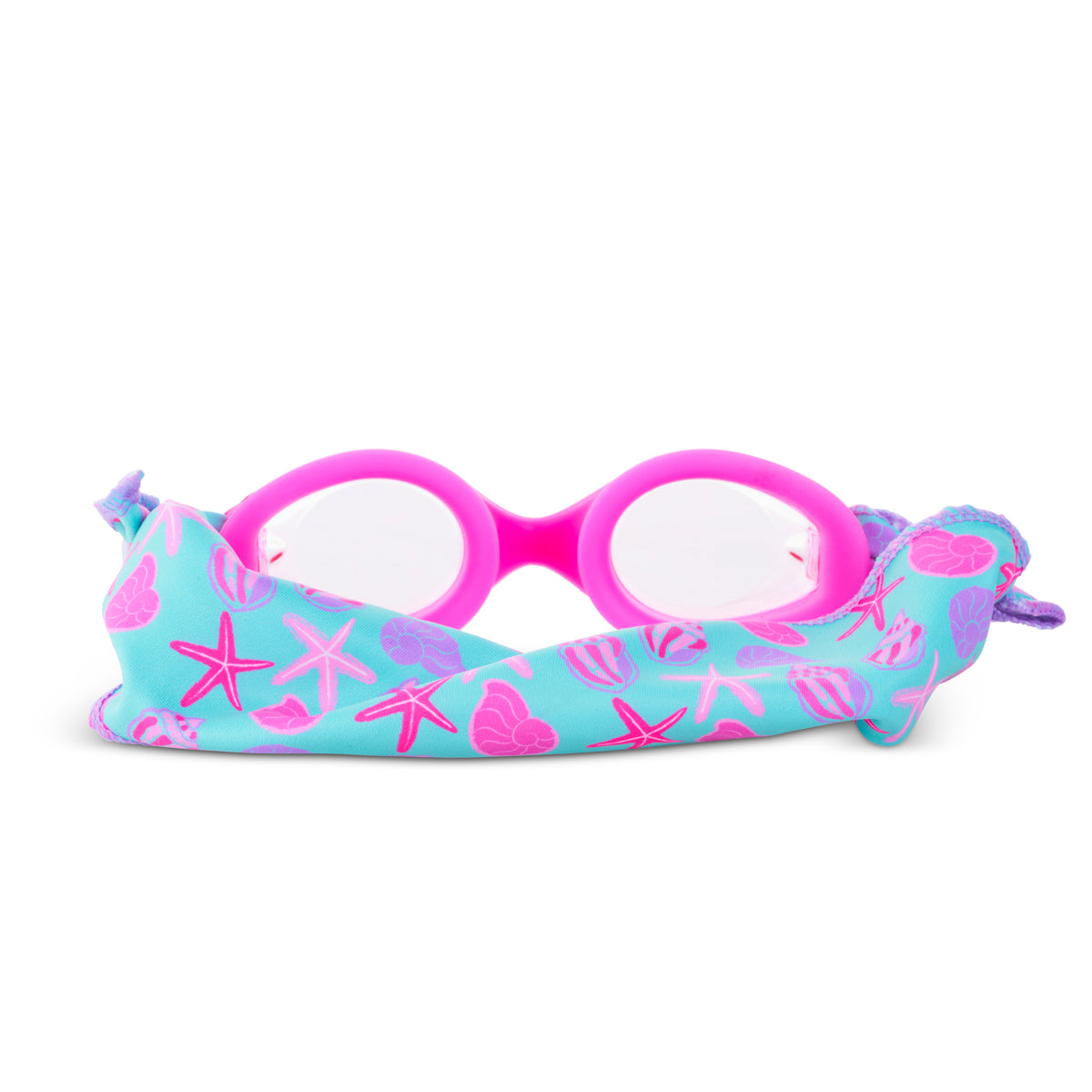 back product shot of coastal pink kids swim goggles which feature a hot pink swim goggle and a turquoise colored soft strap with pink and purple coastal decorations such as seashells and starfish