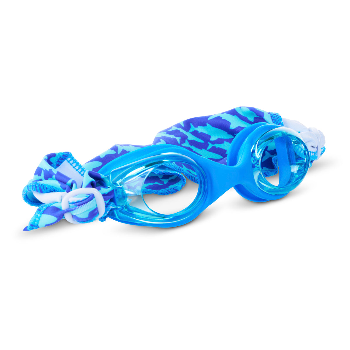 angled product shot of soft strap shark blue kids swim goggles which feature a blue swim goggle and royal blue soft strap with light blue shark silhouettes  