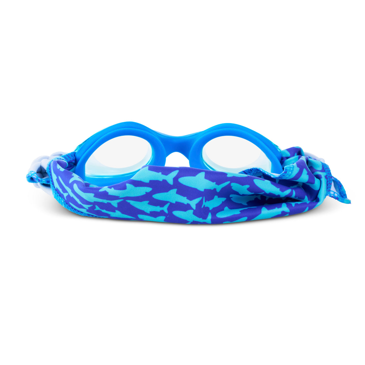 back product shot of soft strap shark blue kids swim goggles which feature a blue swim goggle and royal blue soft strap with light blue shark silhouettes  