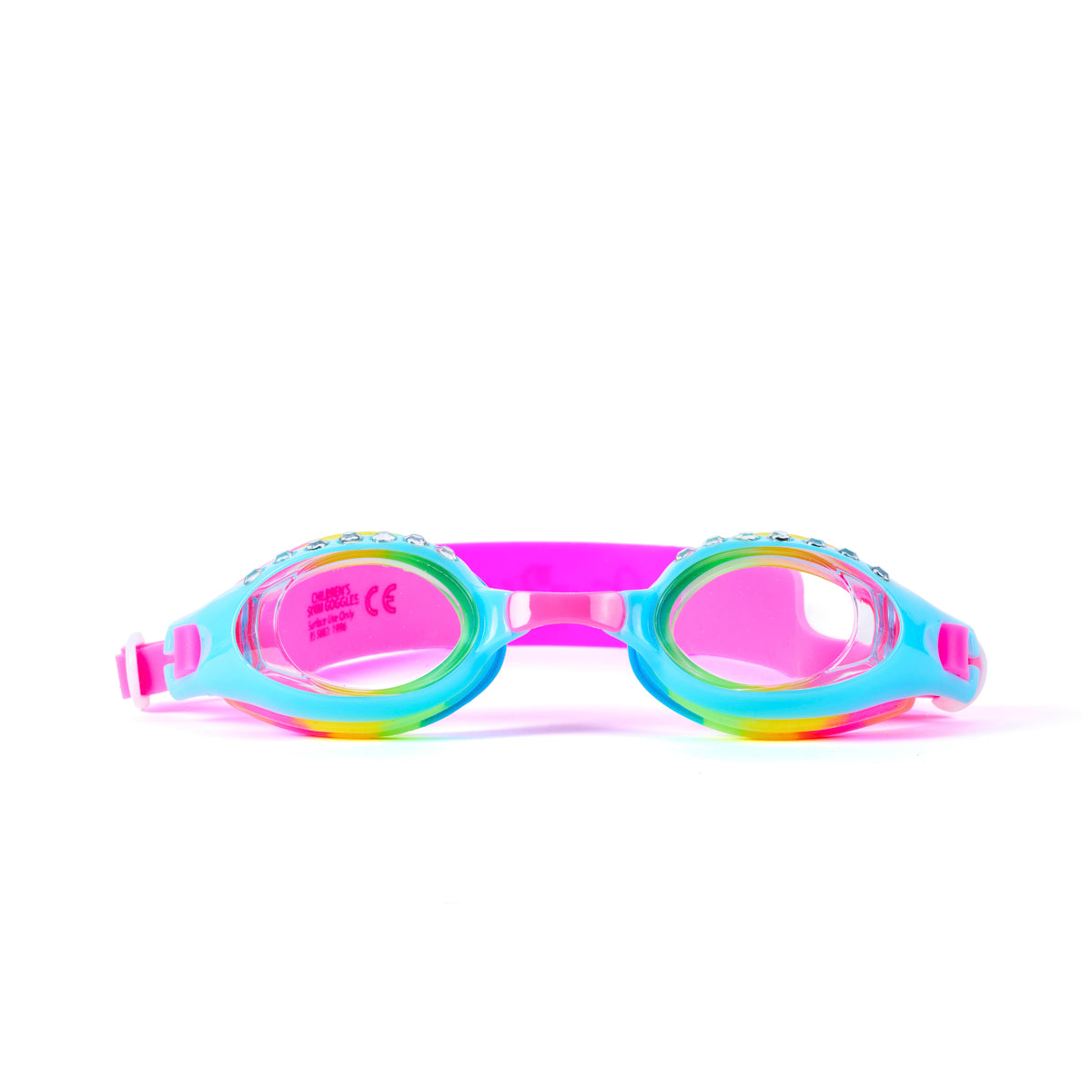 front product shot of blue razz rhinestone kids' swim goggles showing a bright blue frame, rainbow swirled gasket and hot pink strap with rhinestones lining the top of the frame