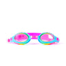 front product shot of blue razz rhinestone kids' swim goggles showing a bright blue frame, rainbow swirled gasket and hot pink strap with rhinestones lining the top of the frame