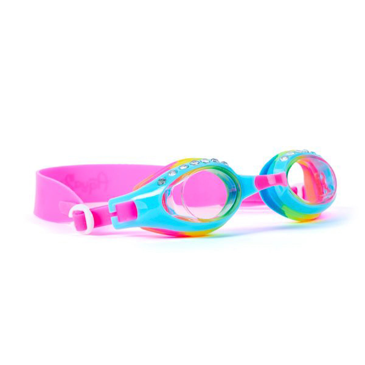 Angled product shot of blue razz rhinestone kids' swim goggles showing a bright blue frame, rainbow swirled gasket and hot pink strap with rhinestones lining the top of the frame