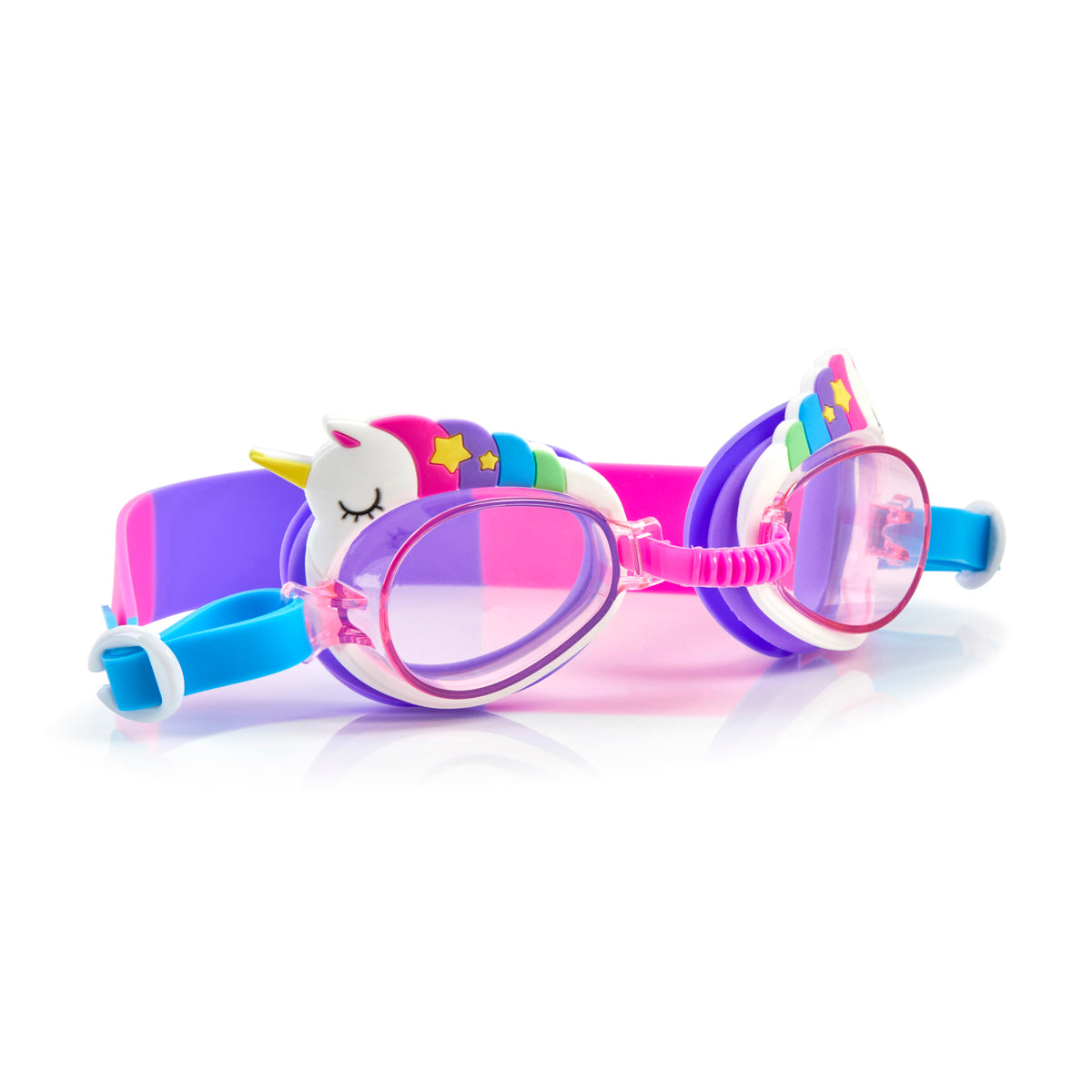 angled product shot of mini unicorn kids swim goggles which feature  a silicone unicorn decoration wrapping around the top of the frame on a purple gasket and blue, purple and pink strap with a pink nose piece