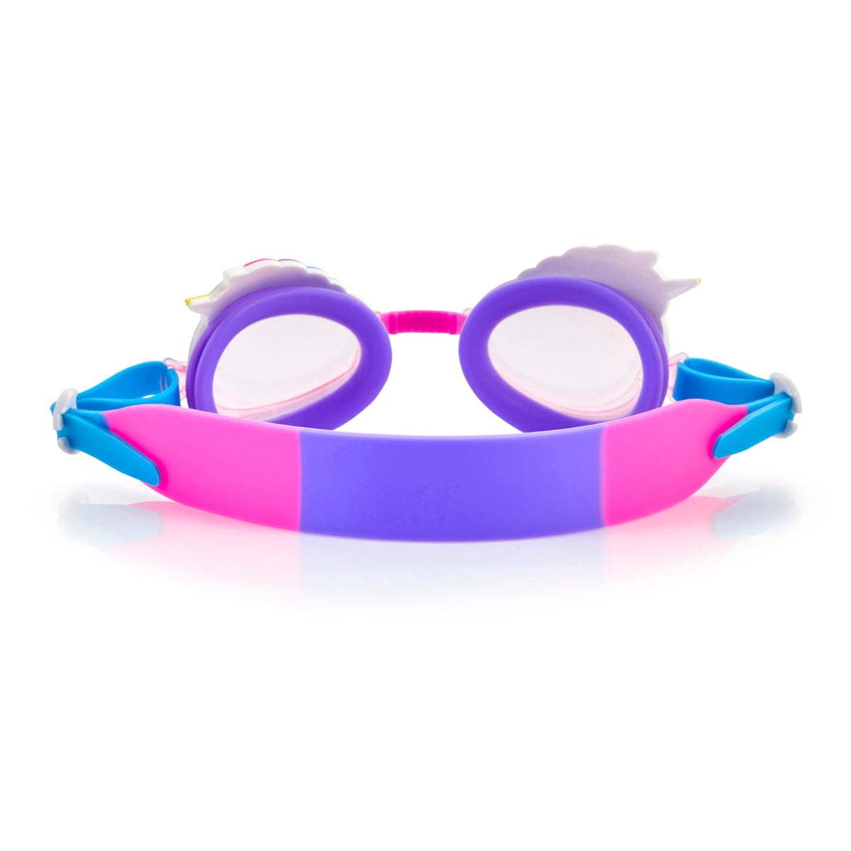 back angled product shot of mini unicorn kids swim goggles which feature  a silicone unicorn decoration wrapping around the top of the frame on a purple gasket and blue, purple and pink strap with a pink nose piece