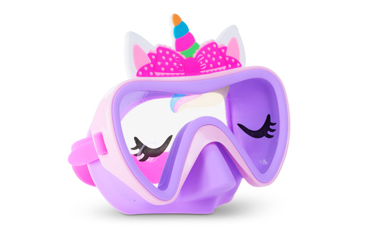 angled product shot of purple unicorn kids swim mask featuring a silicone unicorn horn and ears, a translucent wink on the lens and a purple gasket and nose covering