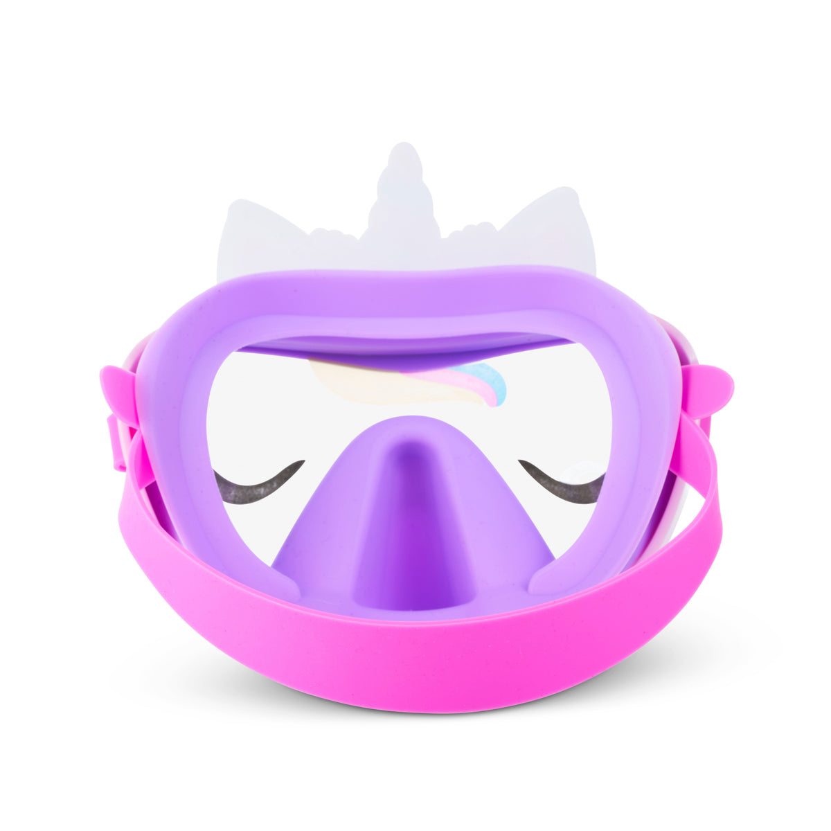 back angled product shot of purple unicorn kids swim mask featuring a silicone unicorn horn and ears, a translucent wink on the lens and a purple gasket and nose covering