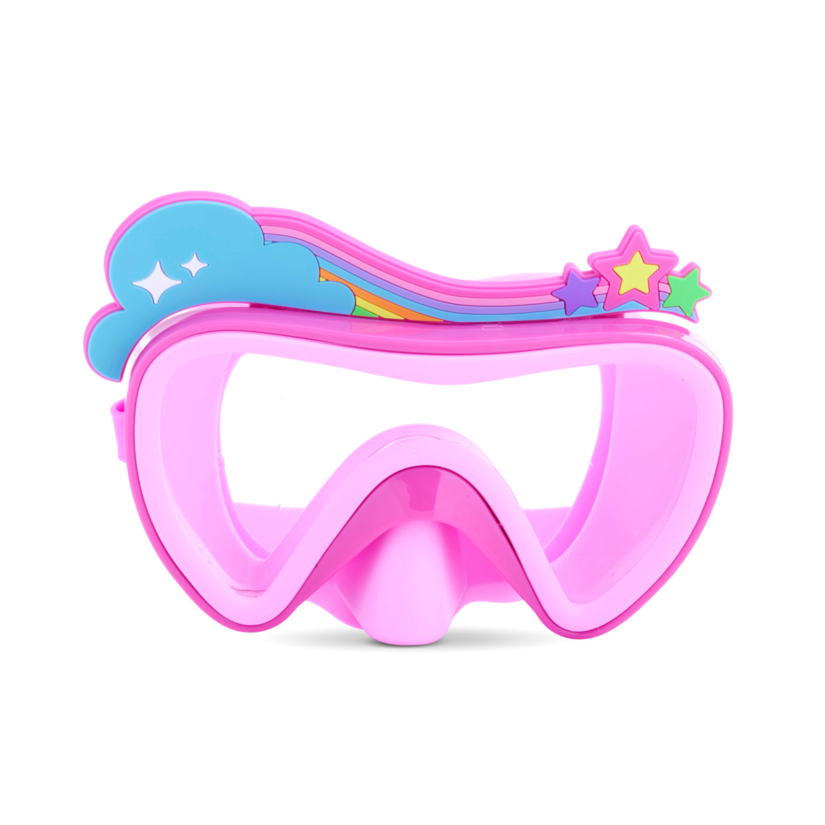 front angled product shot of pink wishes kids swim mask featuring an all pink colorway with a clouds, rainbow and stars silicone decoration above the frame