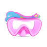 front angled product shot of pink wishes kids swim mask featuring an all pink colorway with a clouds, rainbow and stars silicone decoration above the frame