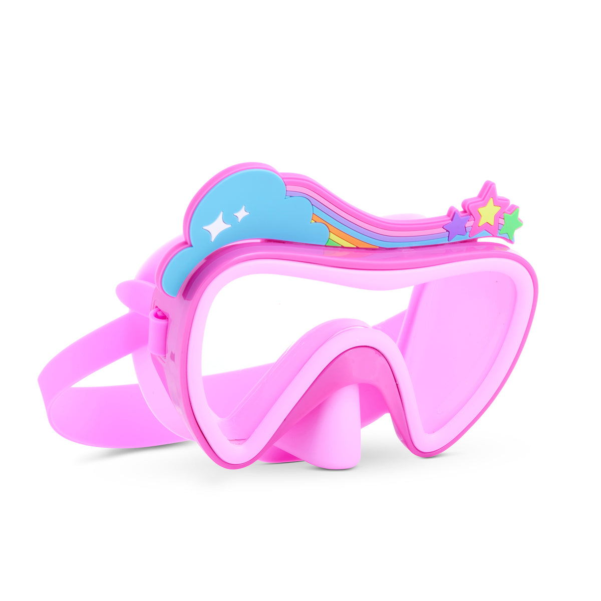 angled product shot of pink wishes kids swim mask featuring an all pink colorway with a clouds, rainbow and stars silicone decoration above the frame