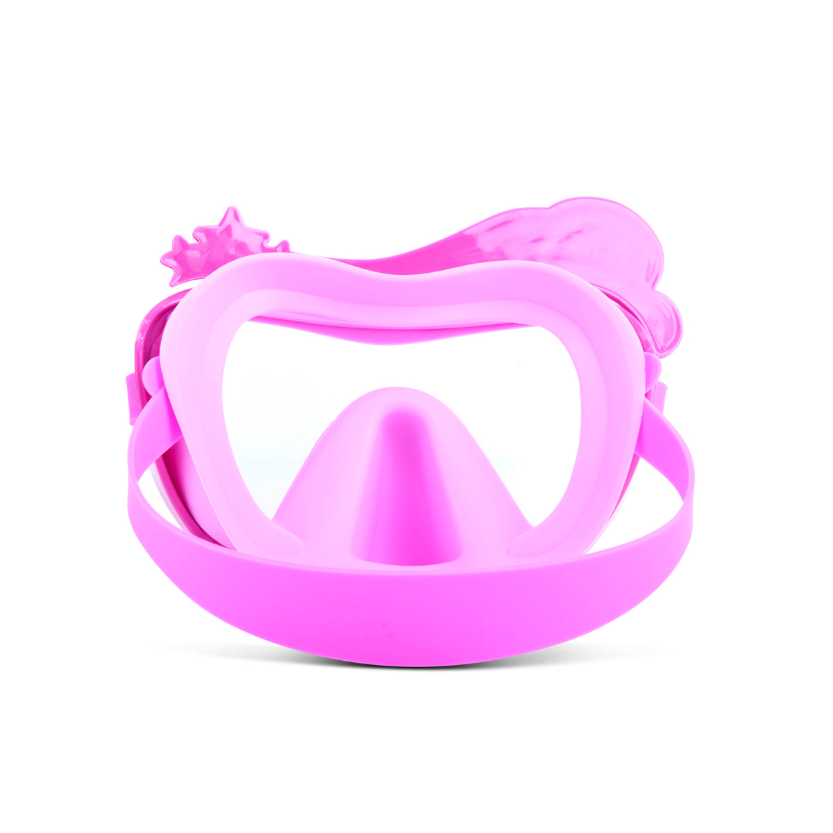 back angled product shot of pink wishes kids swim mask featuring an all pink colorway with a clouds, rainbow and stars silicone decoration above the frame