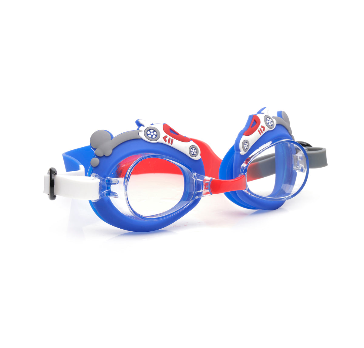 angled product shot of mini race car kids swim goggles which feature a blue swim goggle with silicone race car decorations across the top of both lens with a grey, red, blue and white swirled strap and red nose piece