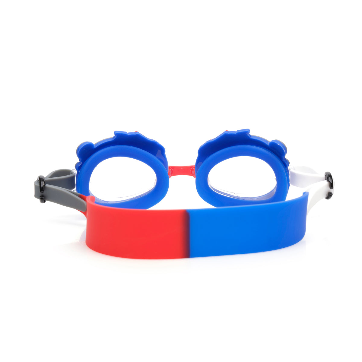 angled product shot of mini race car kids swim goggles which feature a blue swim goggle with silicone race car decorations across the top of both lens with a grey, red, blue and white swirled strap and red nose piece