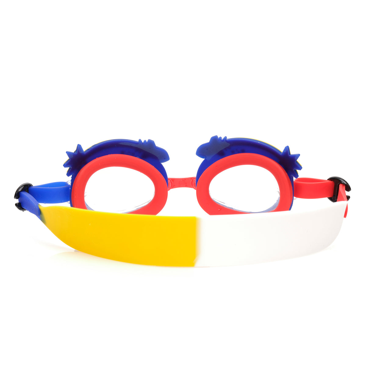 back product shot of mini rocket ship kids swim goggles featuring a blue silicone frame with rocket ship decorations wrapping around the top of the lenses with a bright red nose piece and a red, yellow and blue swirled strap